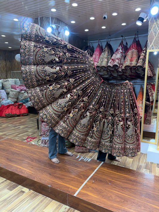 Dark Maroon Peacock Designer ball Bridal Lehenga