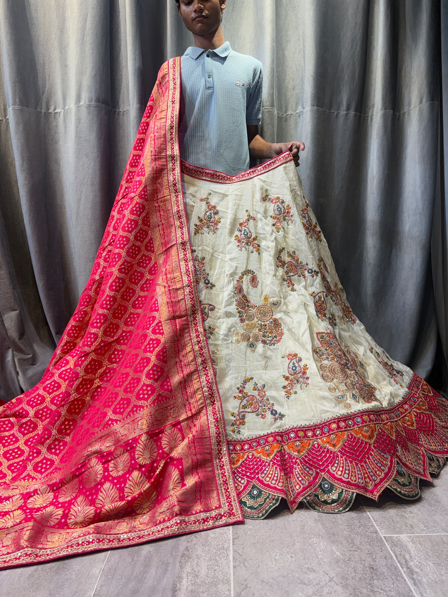 Stunning White pink peacock Banarasi Crop Top Lehenga