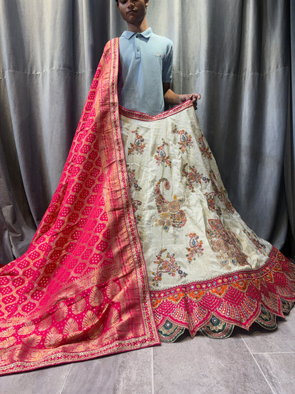Stunning White pink peacock Banarasi Crop Top Lehenga