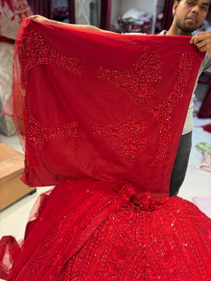 लाल पर लाल भारी मोनोटोन लहंगा
