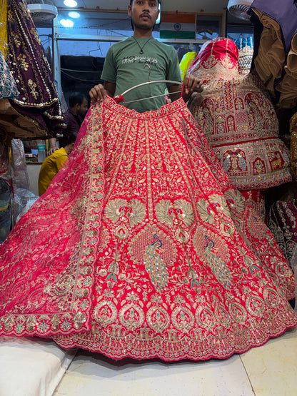 Engaging Red peacock Bridal Lehenga