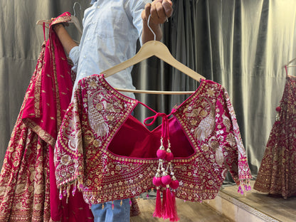 Elegant dark pink peacock crop top Lehenga