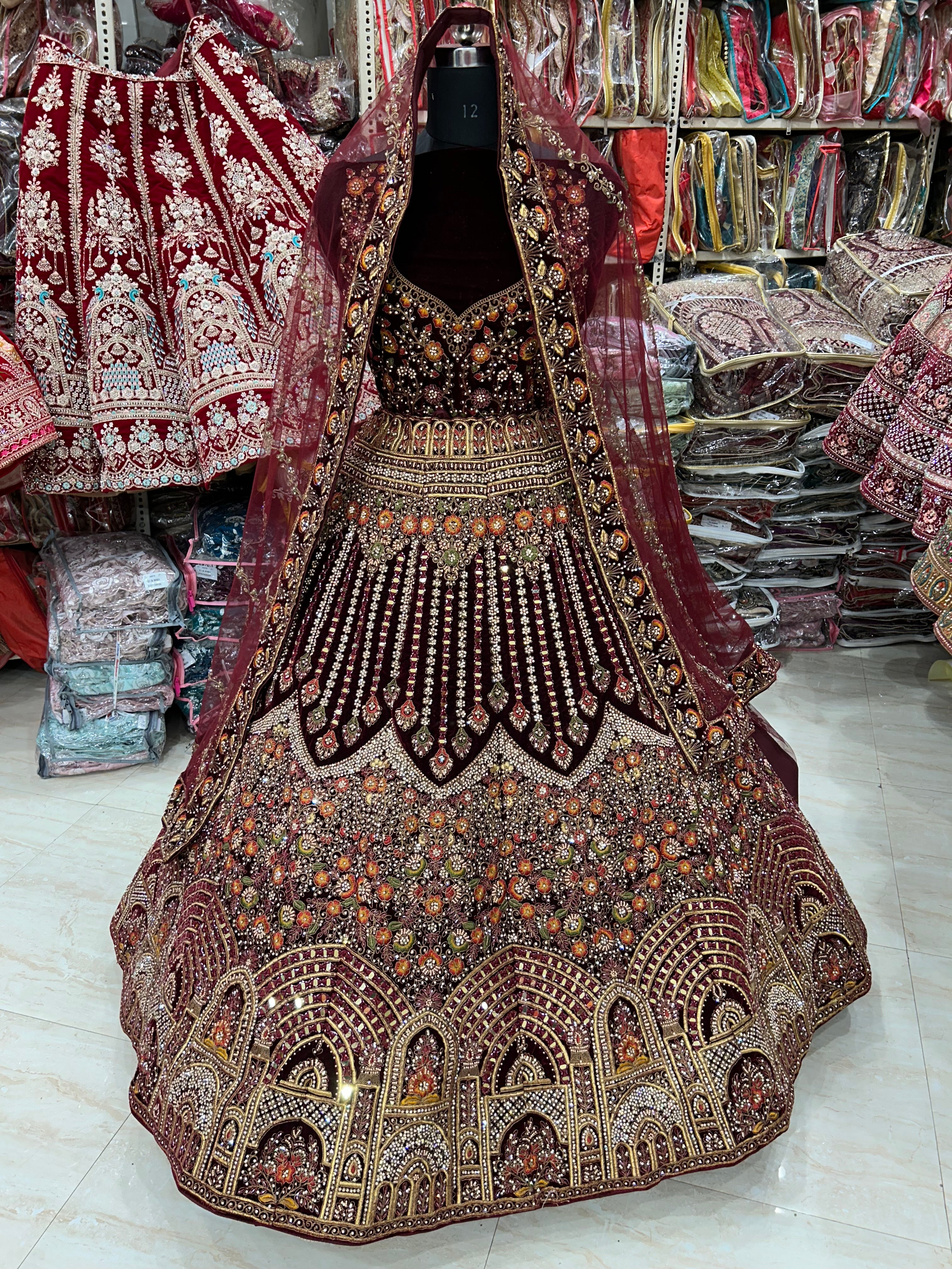 Fantastic maroon Jhumka 12 Kali Handwork Lehenga Shopping World
