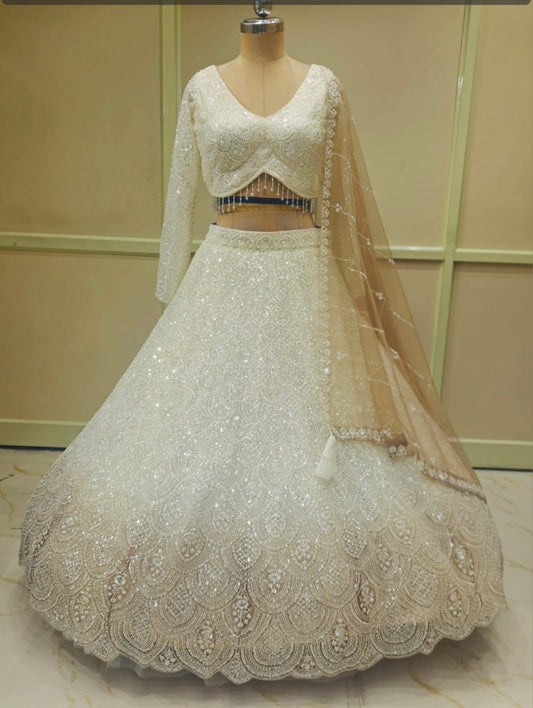 White Brown Crop Top Lehenga