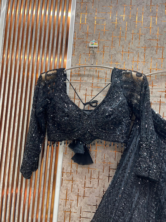 Black on Black Monotone Crop Top Lehenga