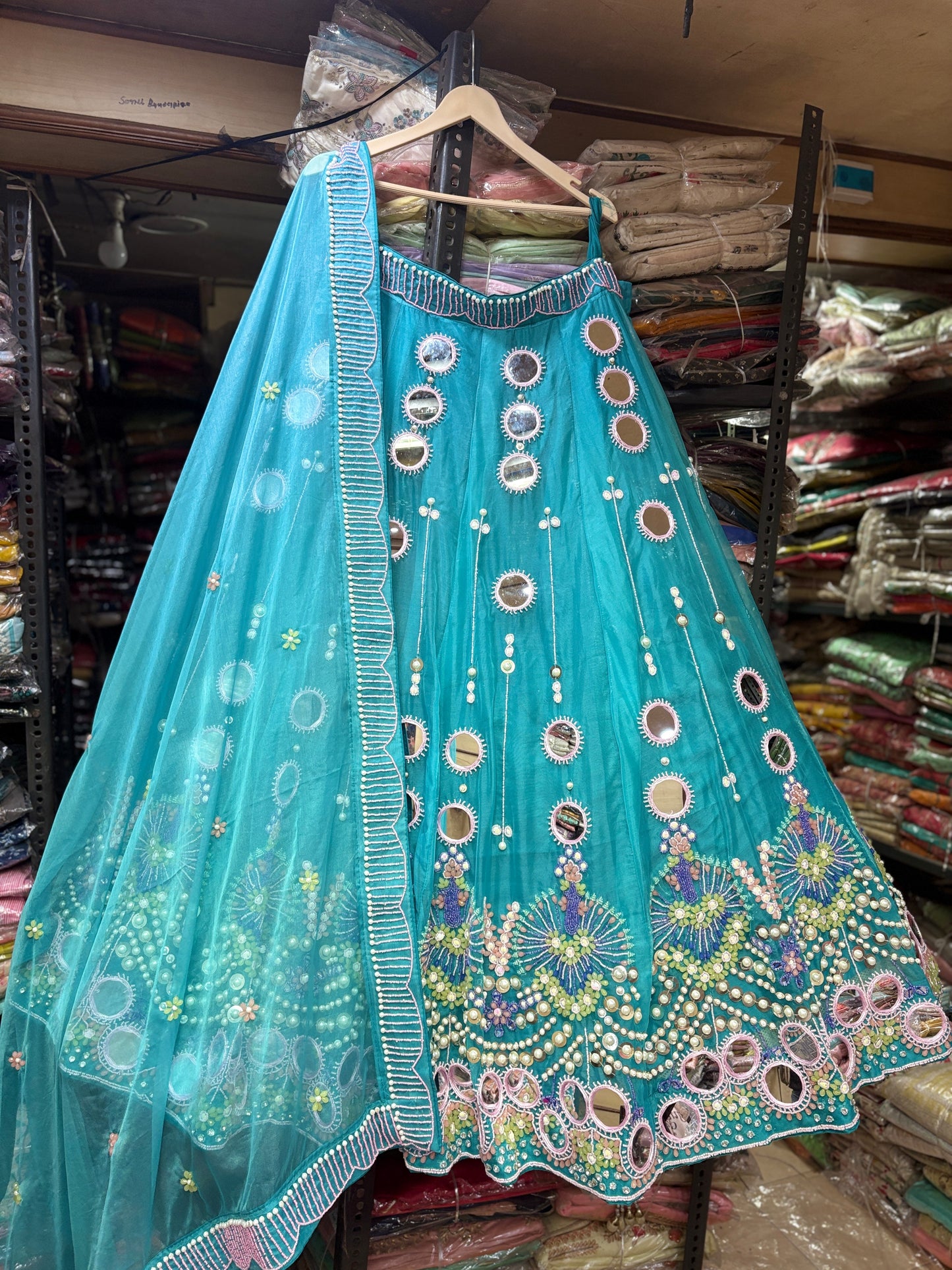 Beautiful Sky blue pdp mirror work Lehenga