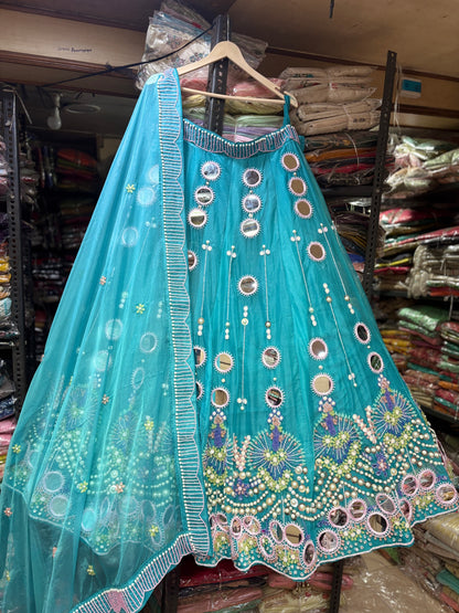 Beautiful Sky blue pdp mirror work Lehenga
