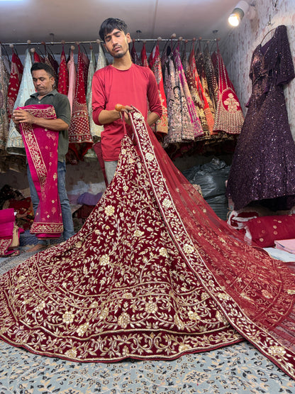 Pretty maroon bridal Lehenga handwork zardozi dabka