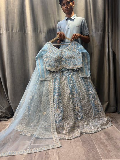 Astonishing Sky blue Crop Top Lehenga