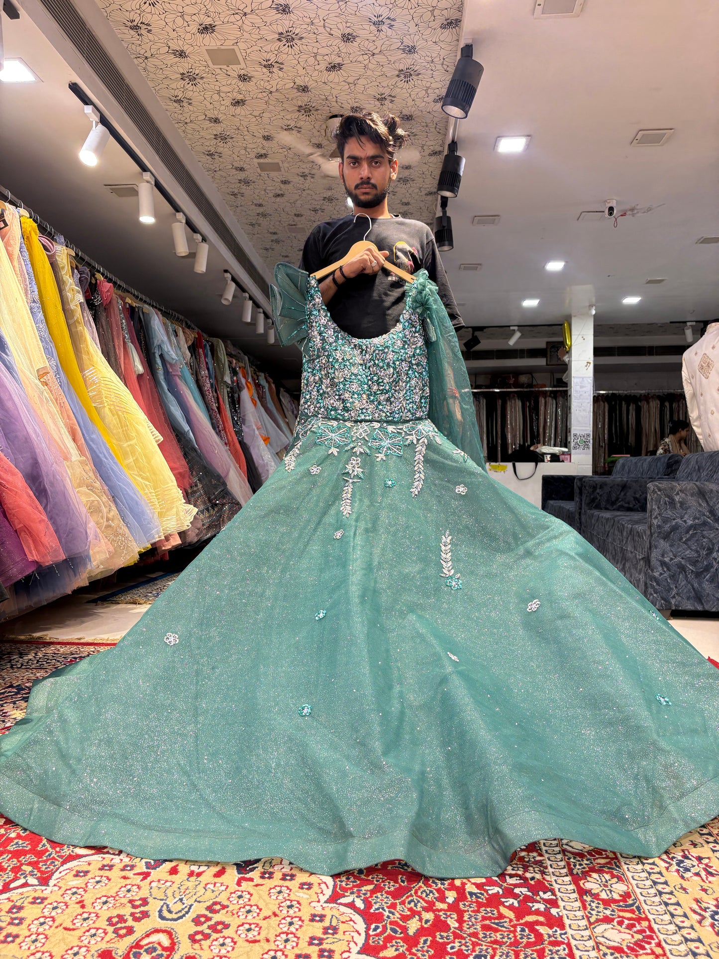 Designer green gown huge flair