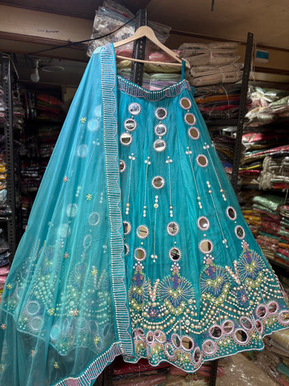 Beautiful Sky blue pdp mirror work Lehenga
