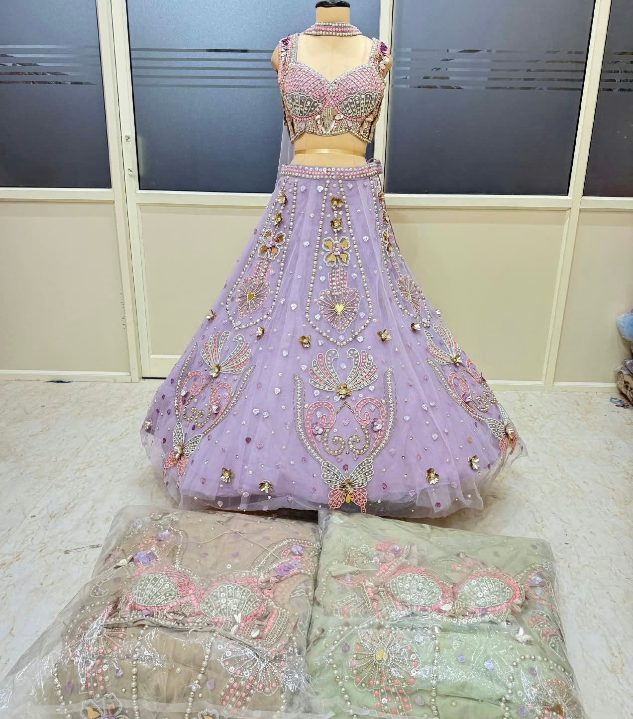 Lavender green golden crop top lehenga