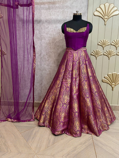 Navy blue Banarasi crop top Lehenga