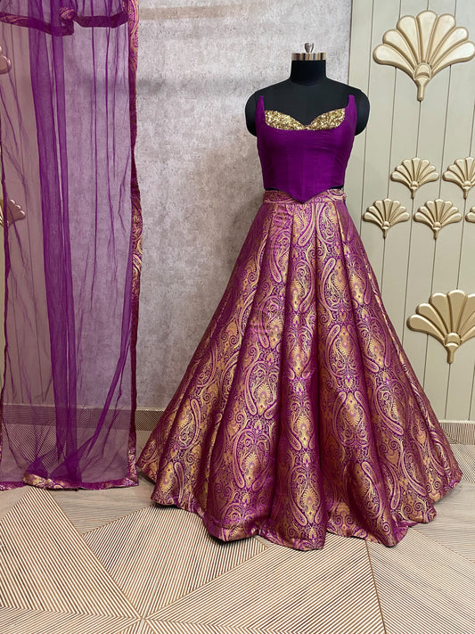 Green Banarasi crop top Lehenga