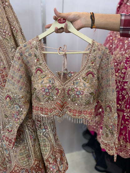 Beautiful Beige Golden Crop top Lehenga