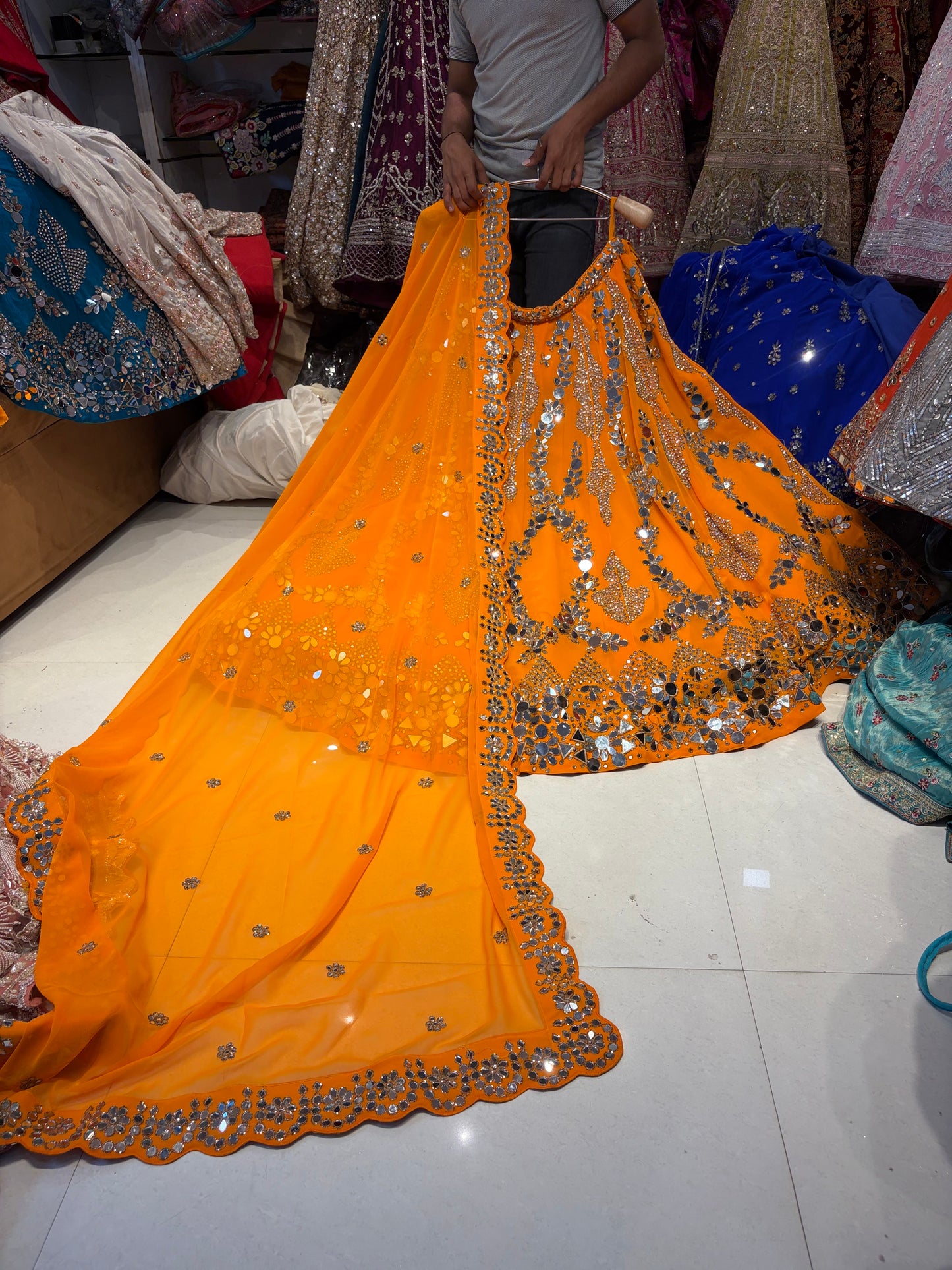 Sparkling Rust Orange Mirror Work Lehenga