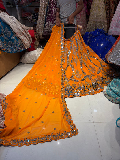 Sparkling Rust Orange Mirror Work Lehenga