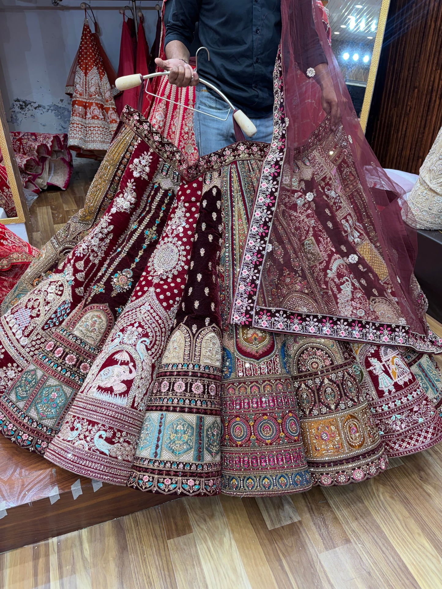 Maroon Multikali Ball Bridal Lehenga