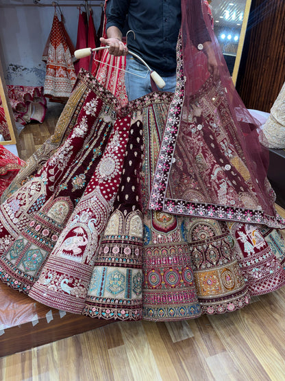 Maroon Multikali Ball Bridal Lehenga