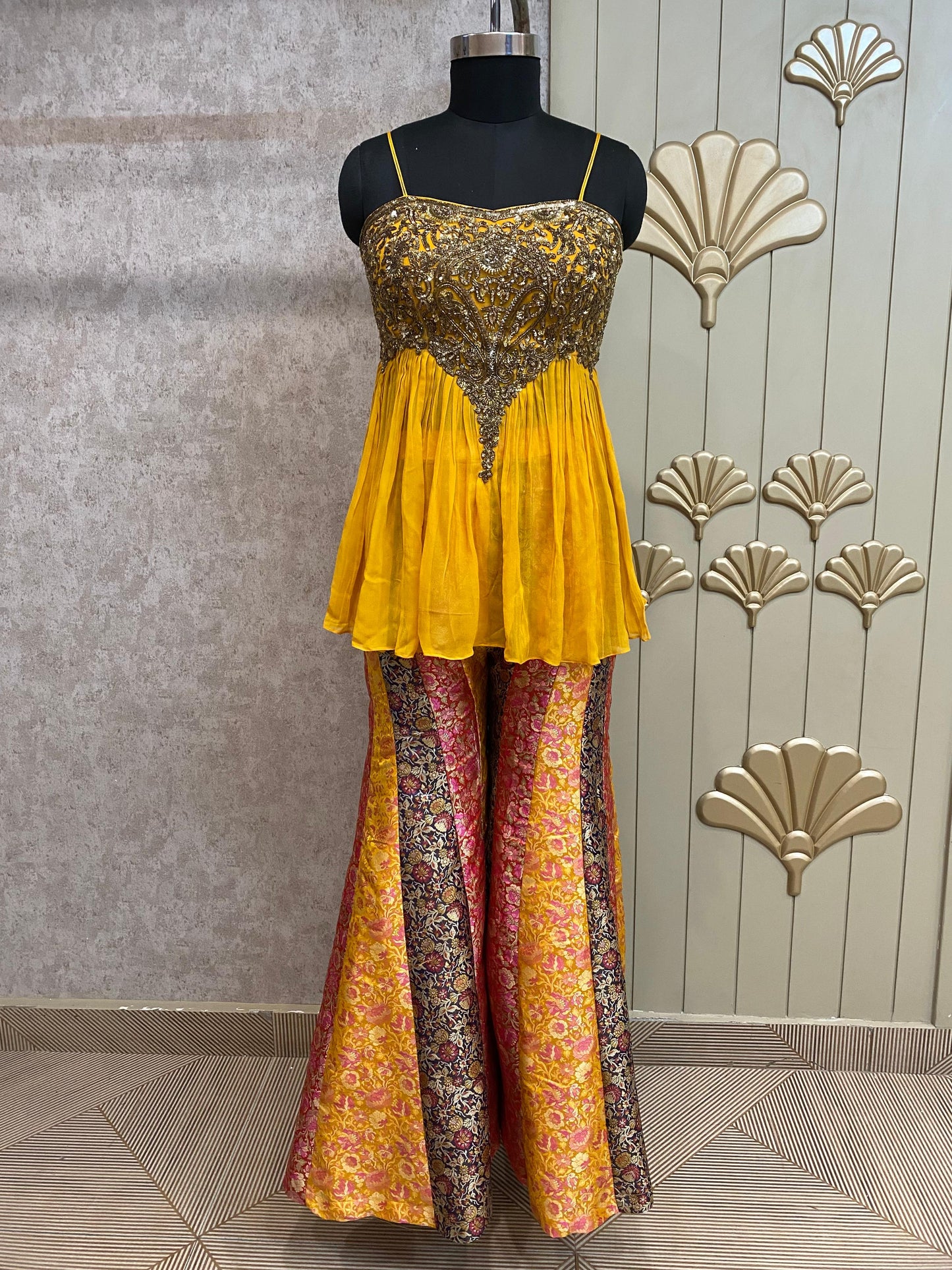 Yellow Long Sharara Suit Dress Material
