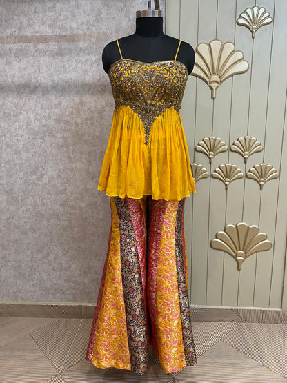Yellow Long Sharara Suit Dress Material