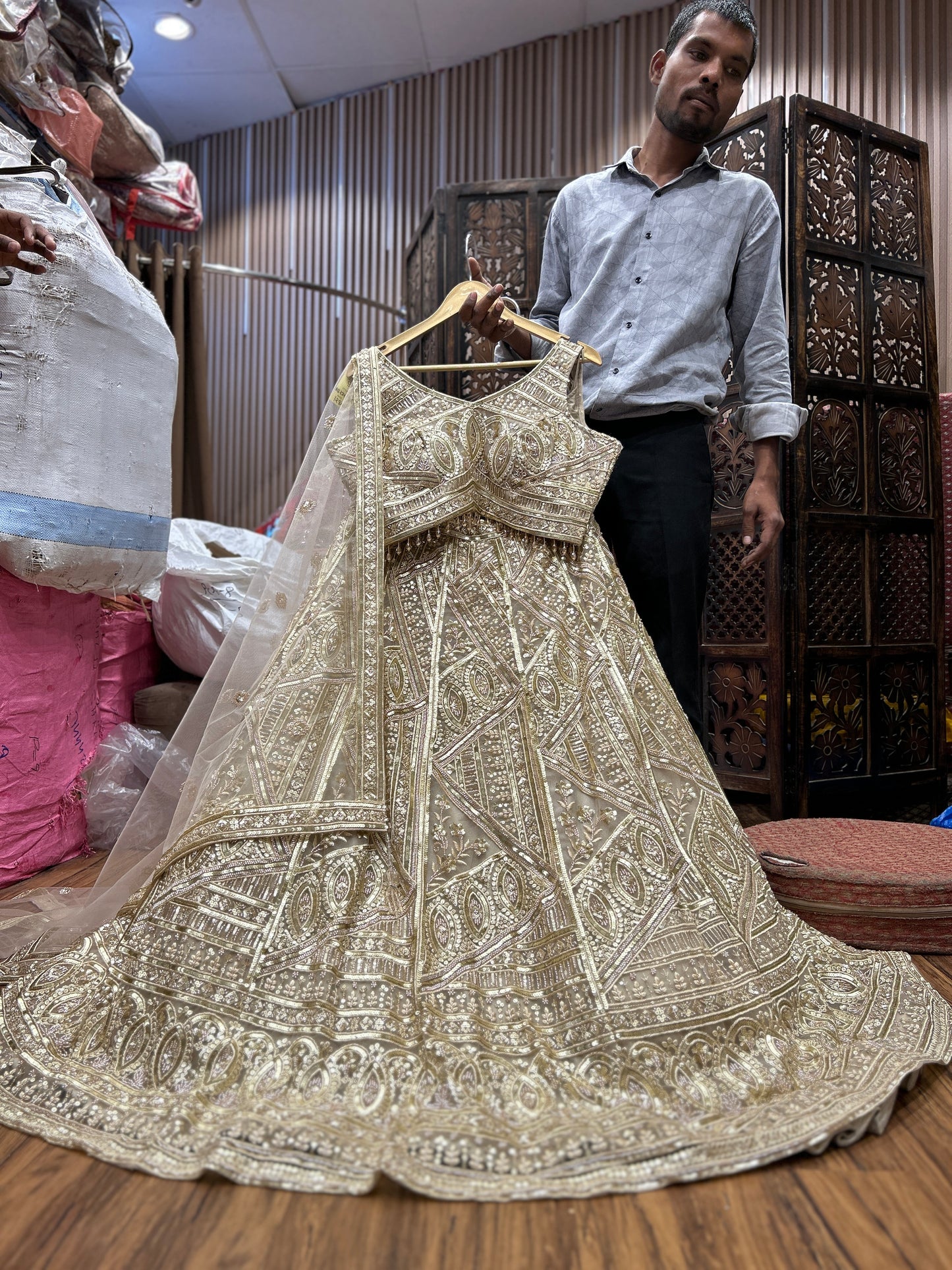 Pleasing golden crop top lehenga