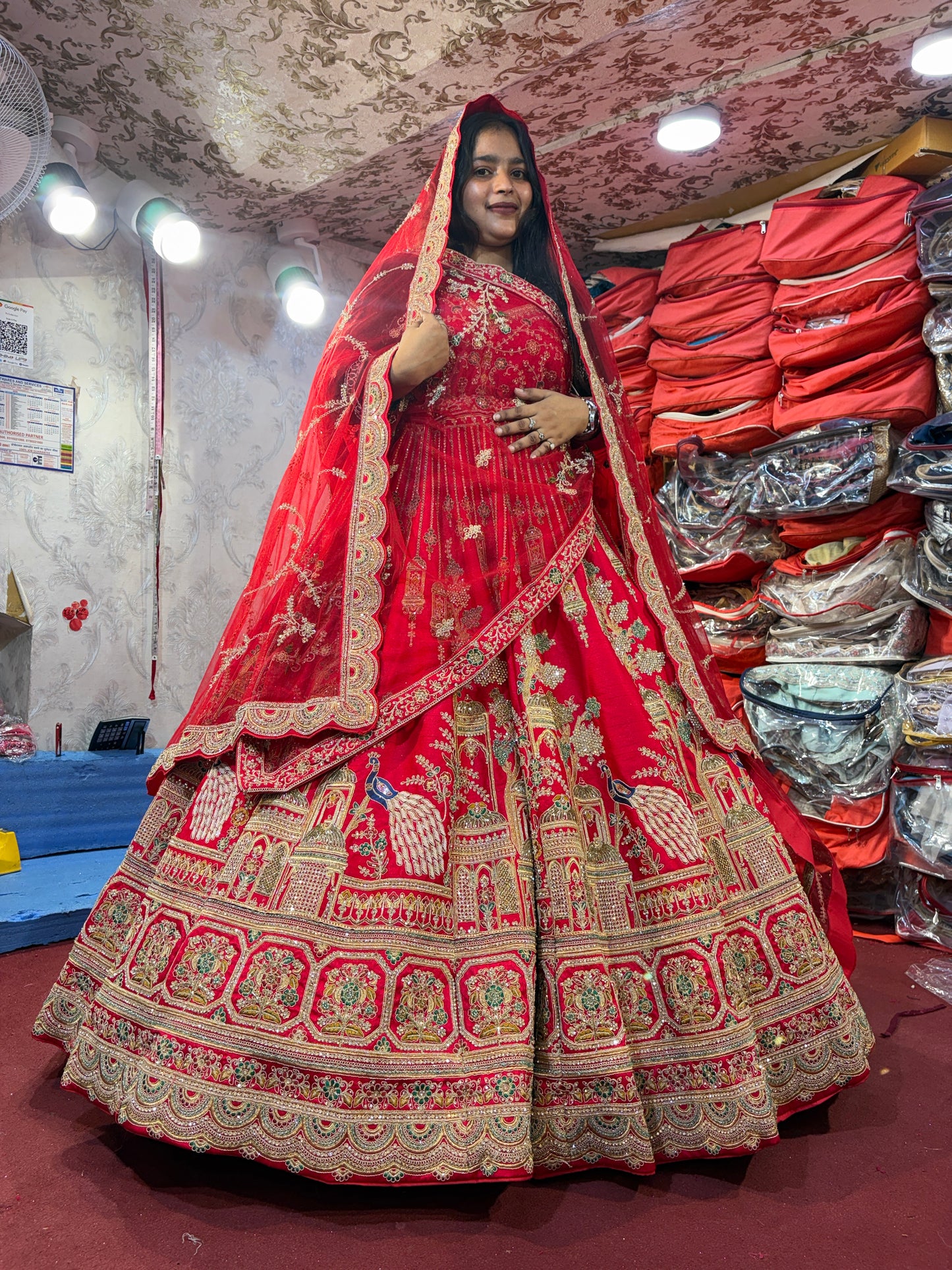 Pretty red handwork peacock bridal Lehenga