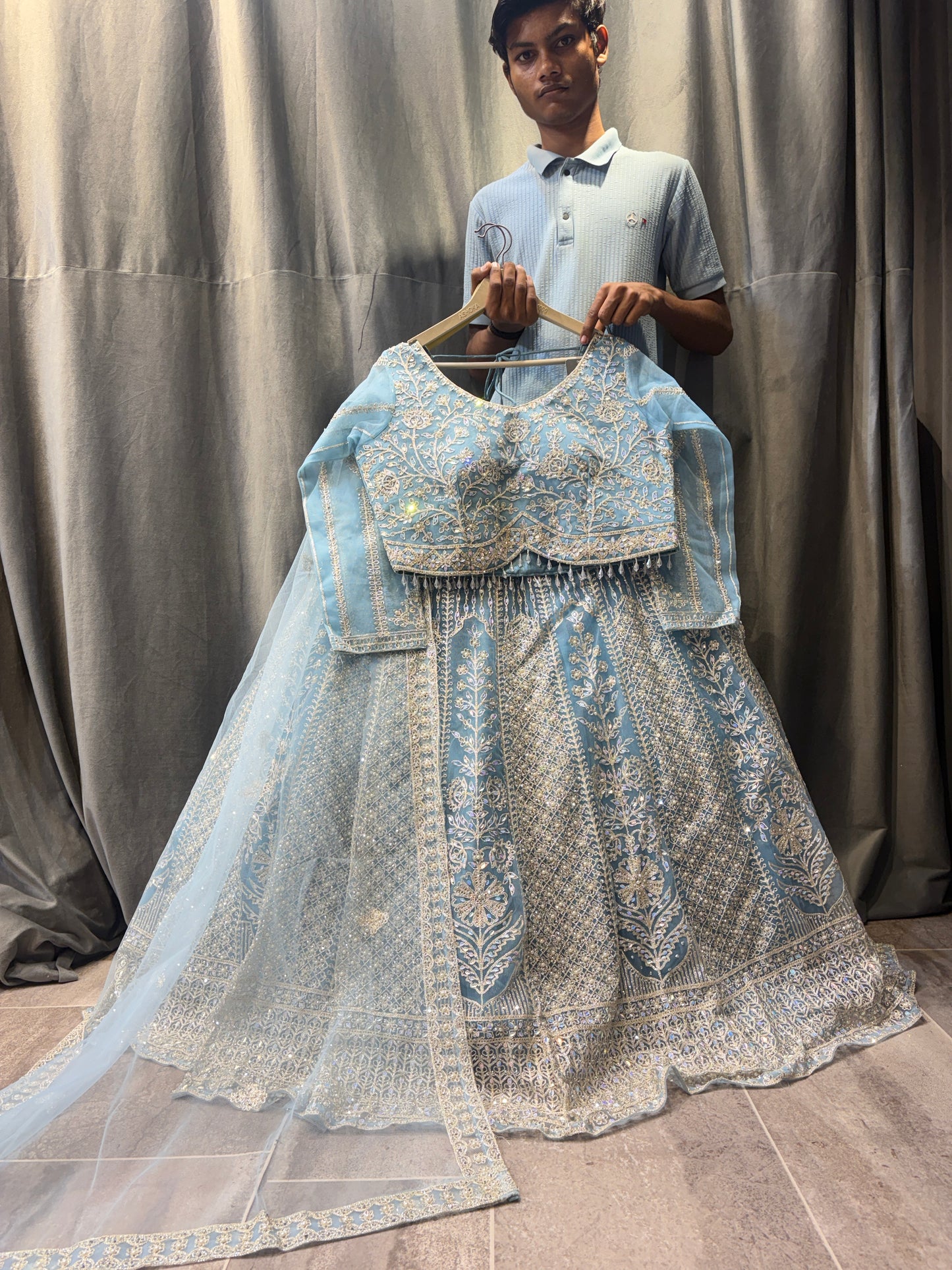 Astonishing Sky blue Crop Top Lehenga