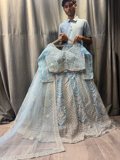 Astonishing Sky blue Crop Top Lehenga
