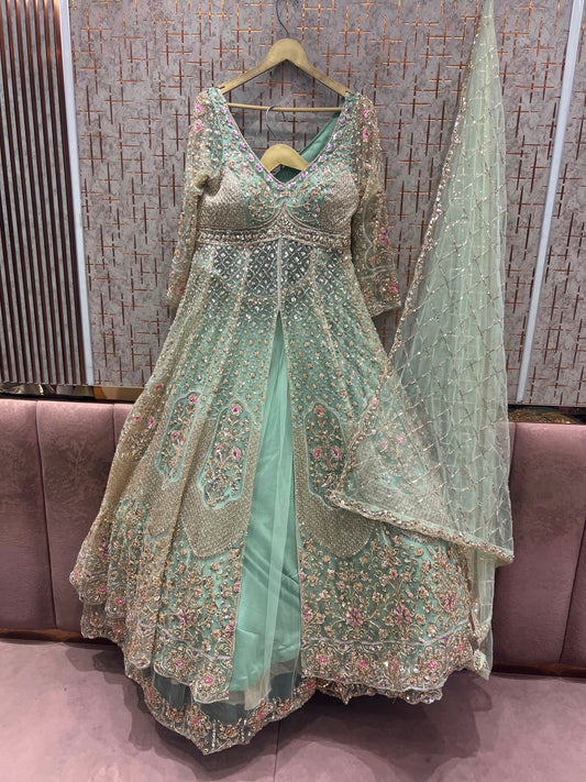 Blue Green Long Farshi Garara Indo Western Dress