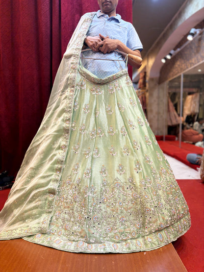 Astonishing pista mehendi green handwork Lehenga