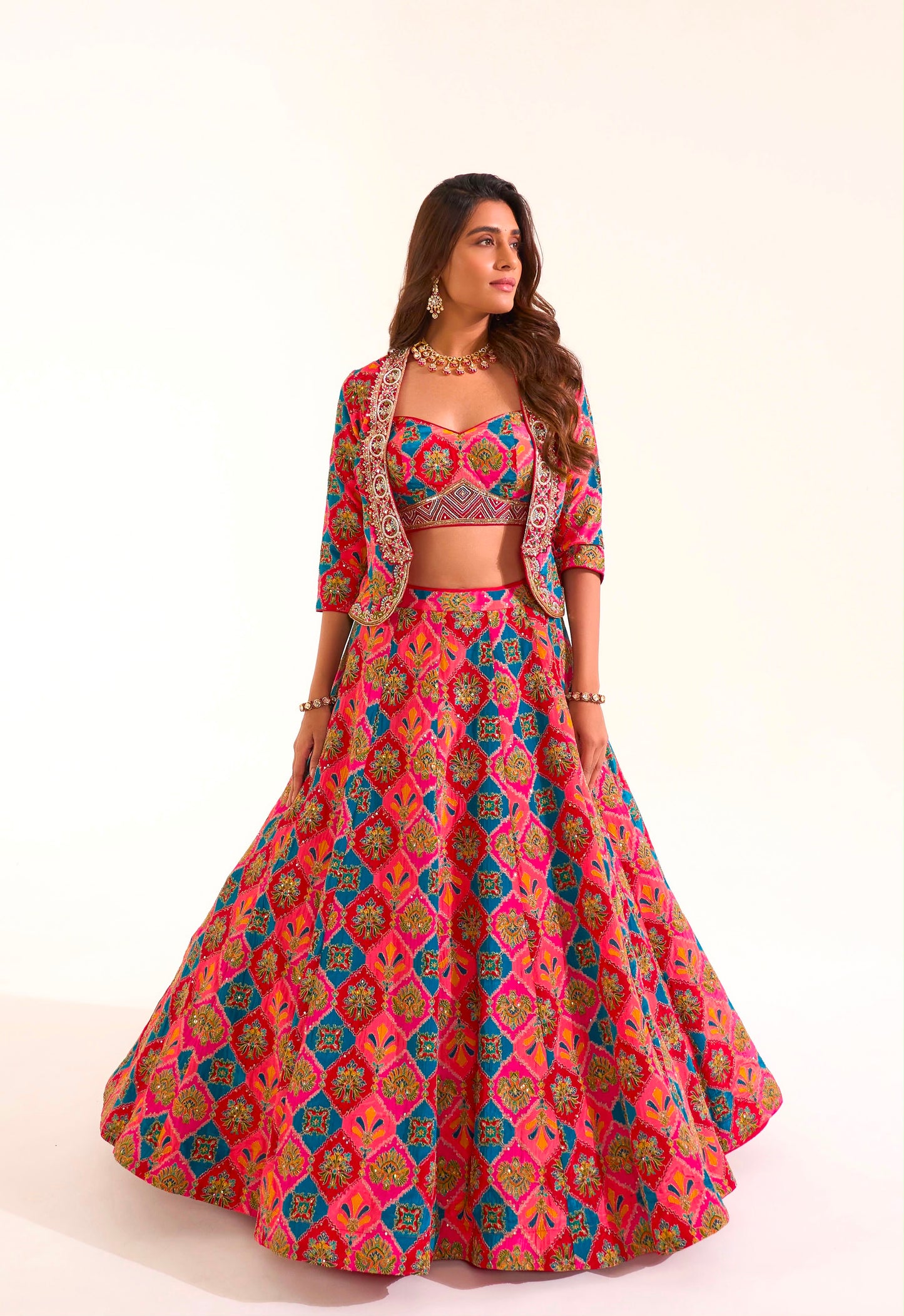 Hot Pink Blue Crop Top Lehenga