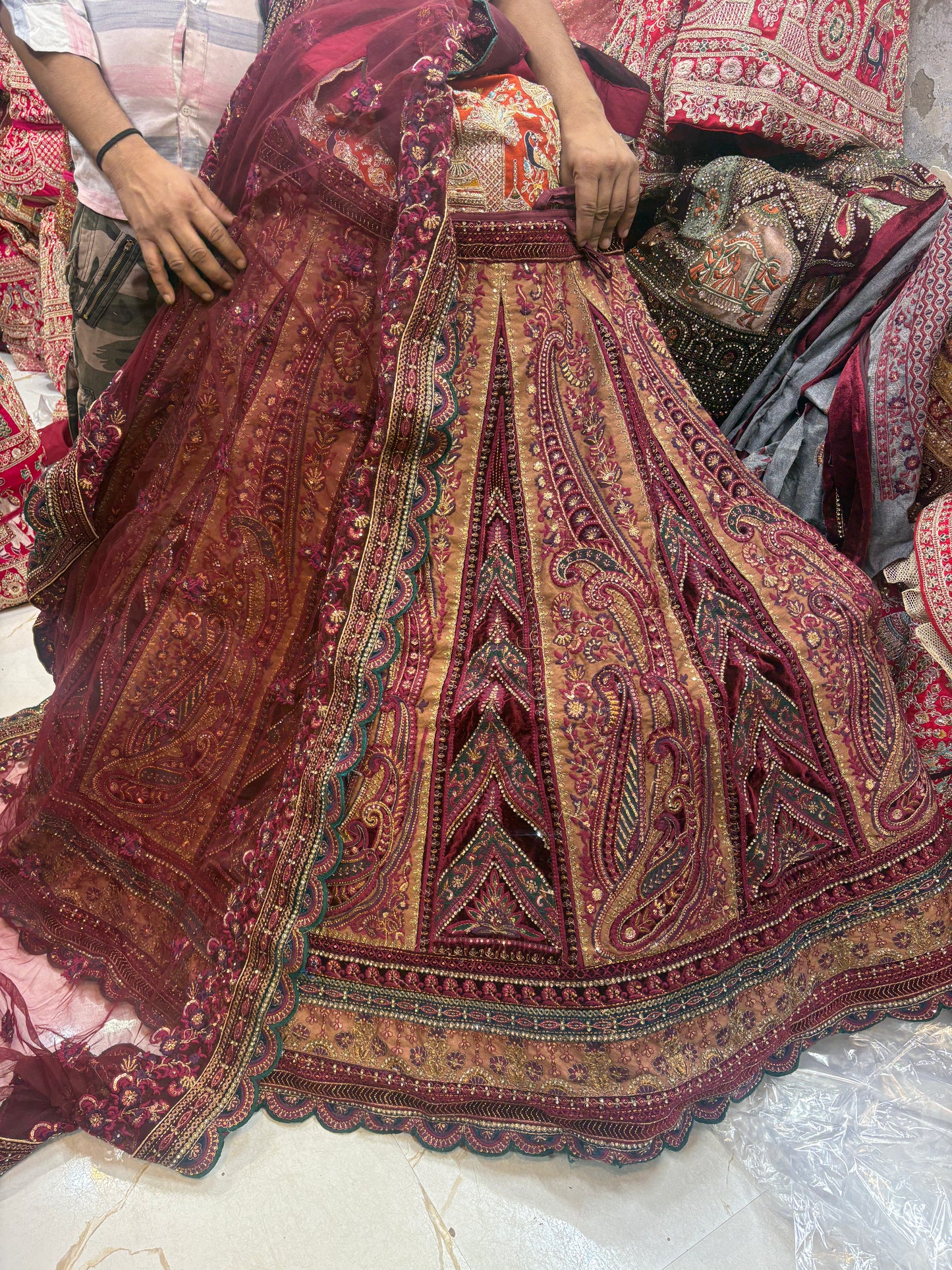 Designer maroon double duptta multi Kali Bridal Lehenga