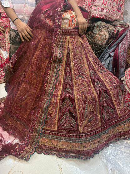 Designer maroon double duptta multi Kali Bridal Lehenga