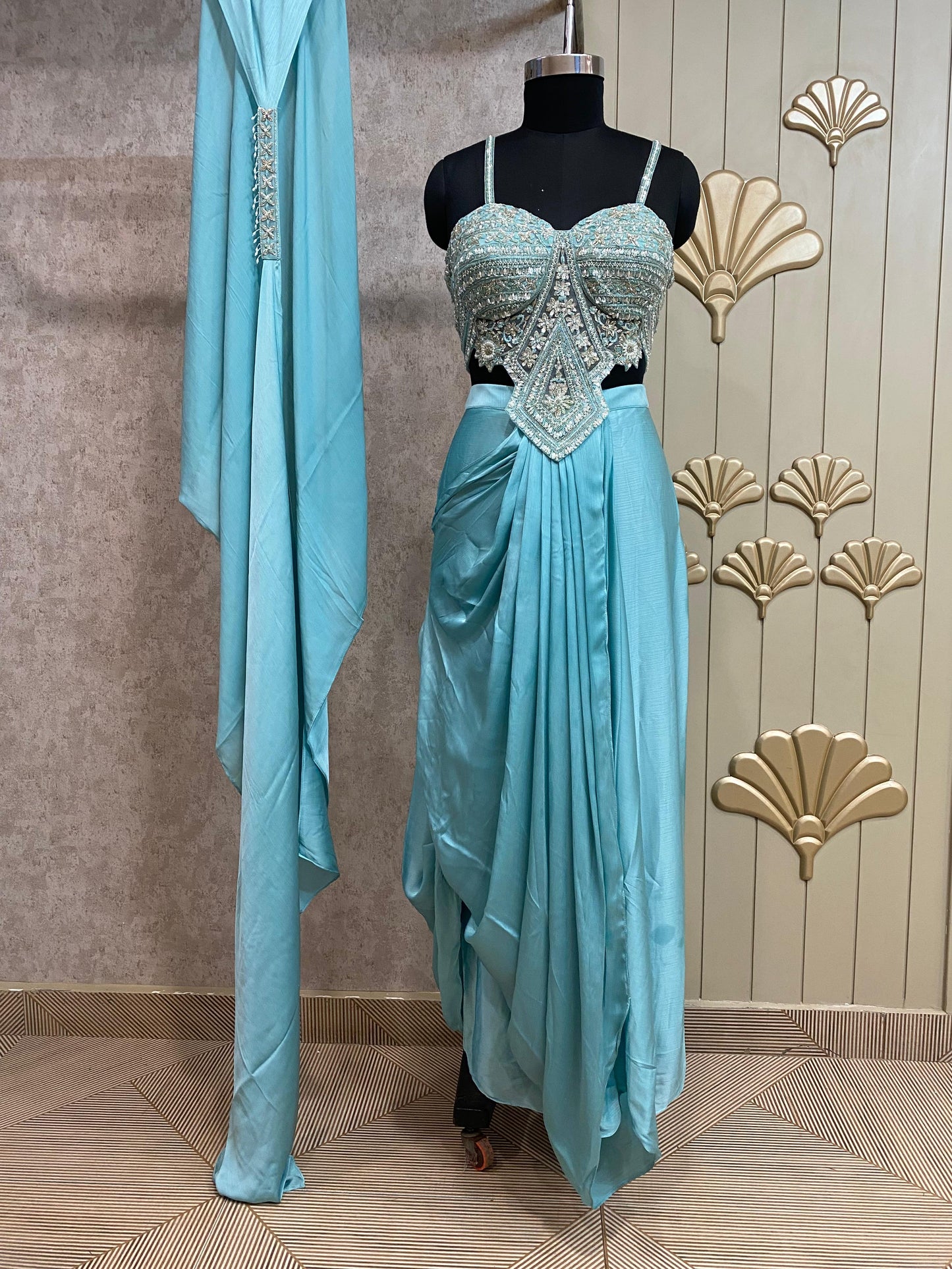Blue Designer Ready To Wear Drape Saree