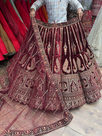 Dark Maroon Peacock Ball Bridal Lehenga - Shopping World