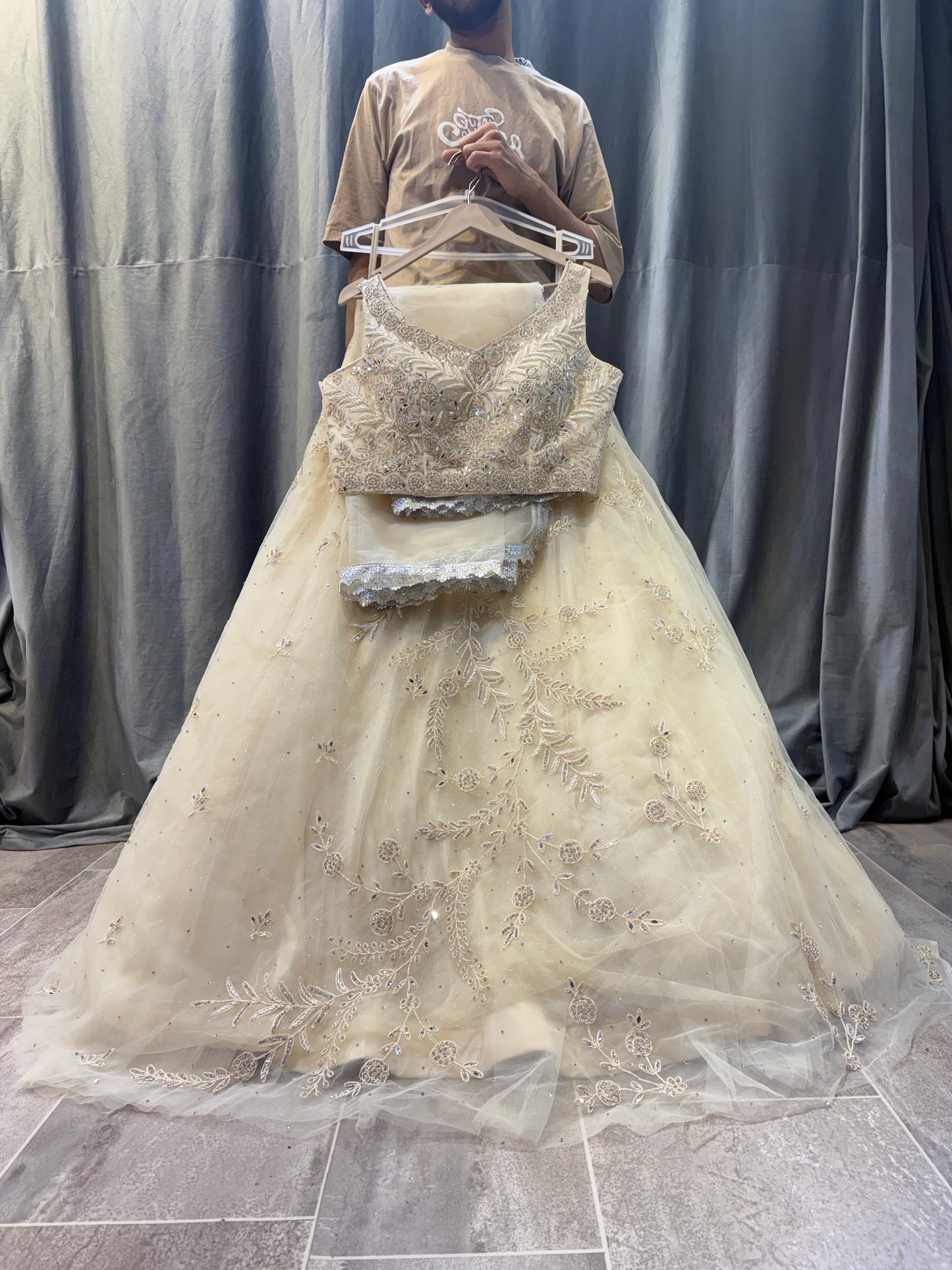 Designer White cream Crop top Lehenga