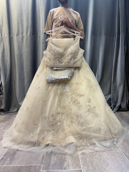 Designer White cream Crop top Lehenga