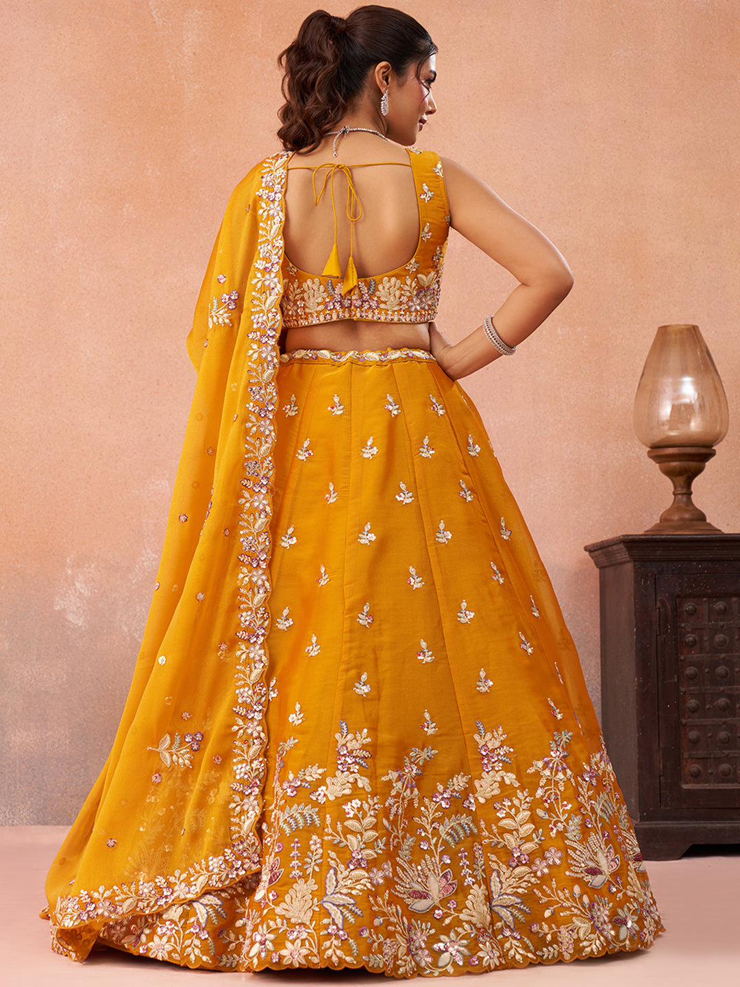 Mustard- Tissue Sequinned with Zari Embroidered Lehenga 6300