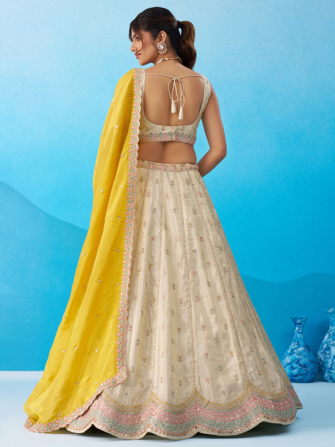Cream Mustard- Tissue Sequins Embroidered Lehenga 6137