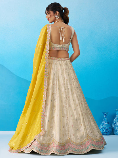 Cream Mustard- Tissue Sequins Embroidered Lehenga 6137