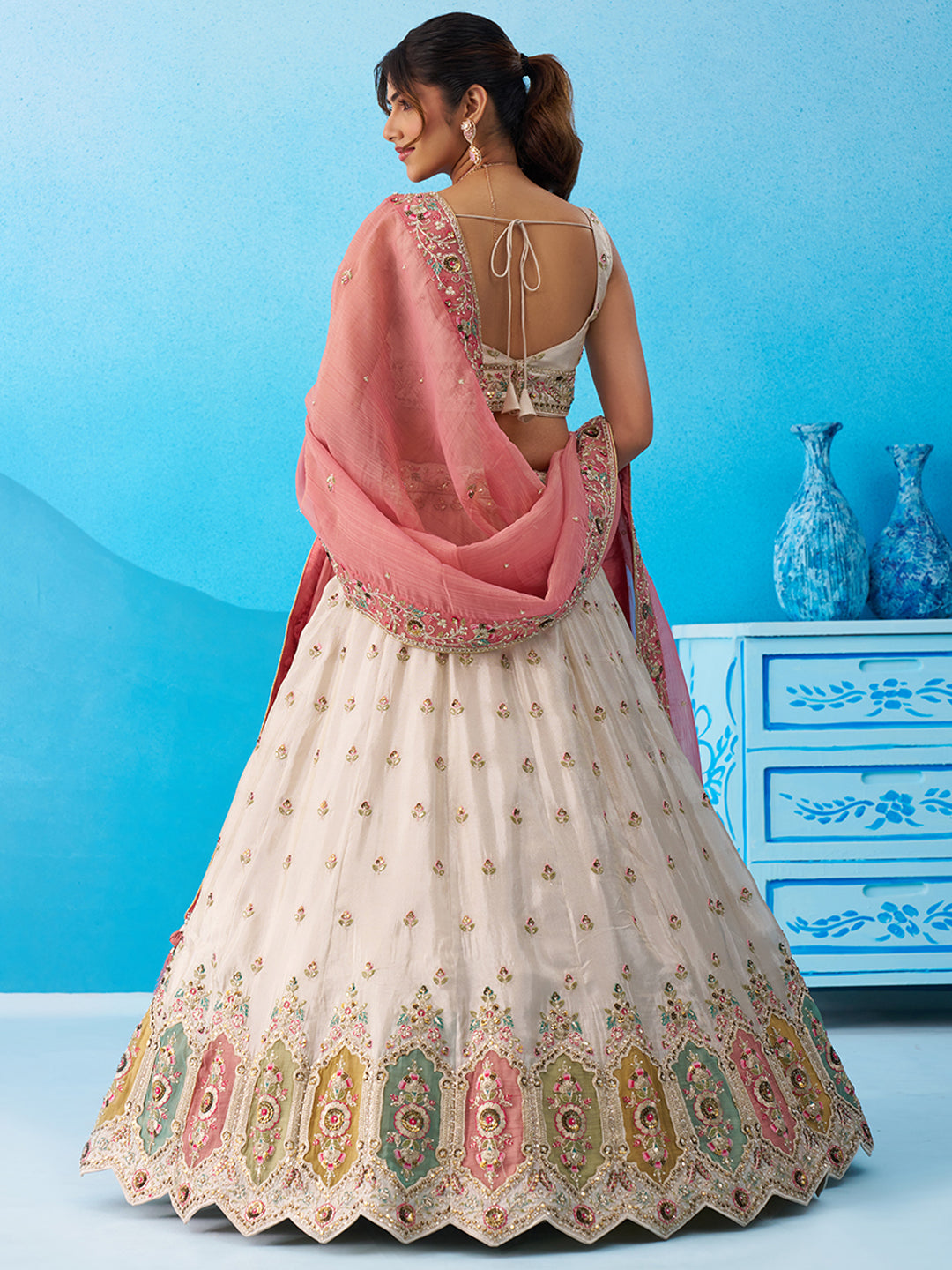 Cream pink- Tissue Sequins Embroidered Multicolor Patch Work Lehenga 6166