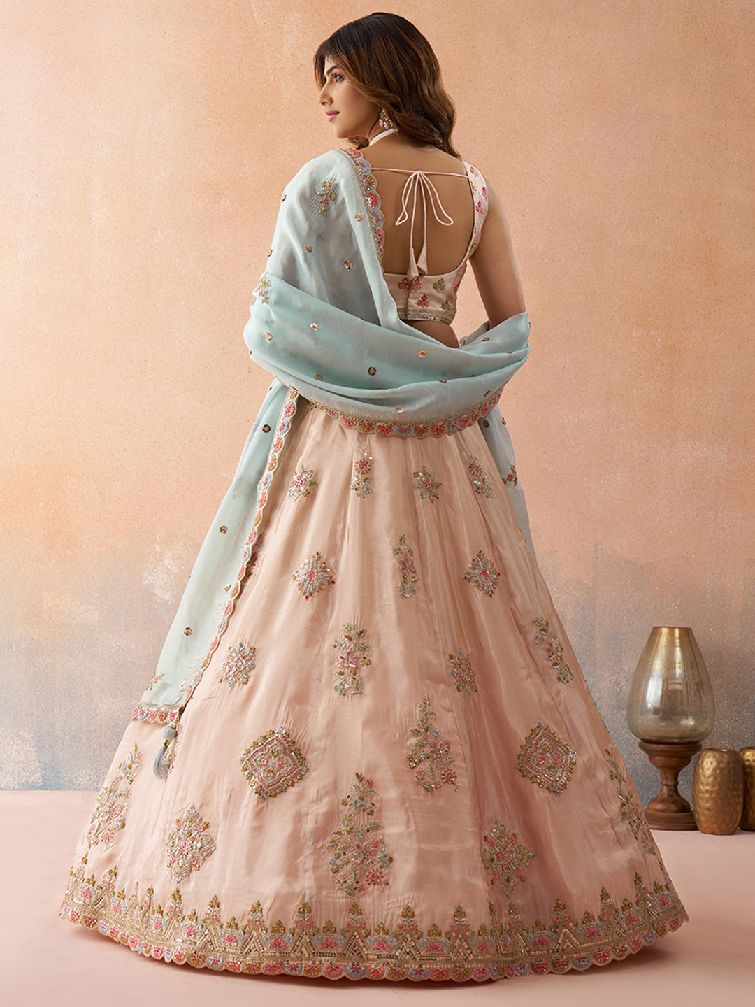 Peach copper- Tissue Sequined & Zari Embroidered Lehenga 6132