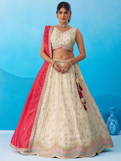 Cream Rani pink- Tissue Sequins Embroidered Lehenga 6137