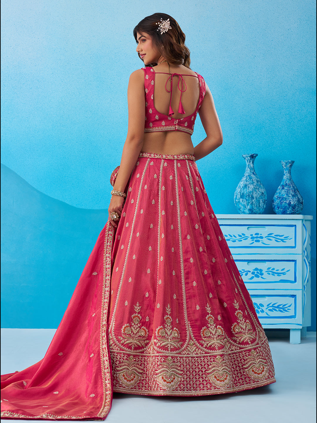 Rani Pink- Tissue Beads & Sequins Embroidered Lehenga 6308