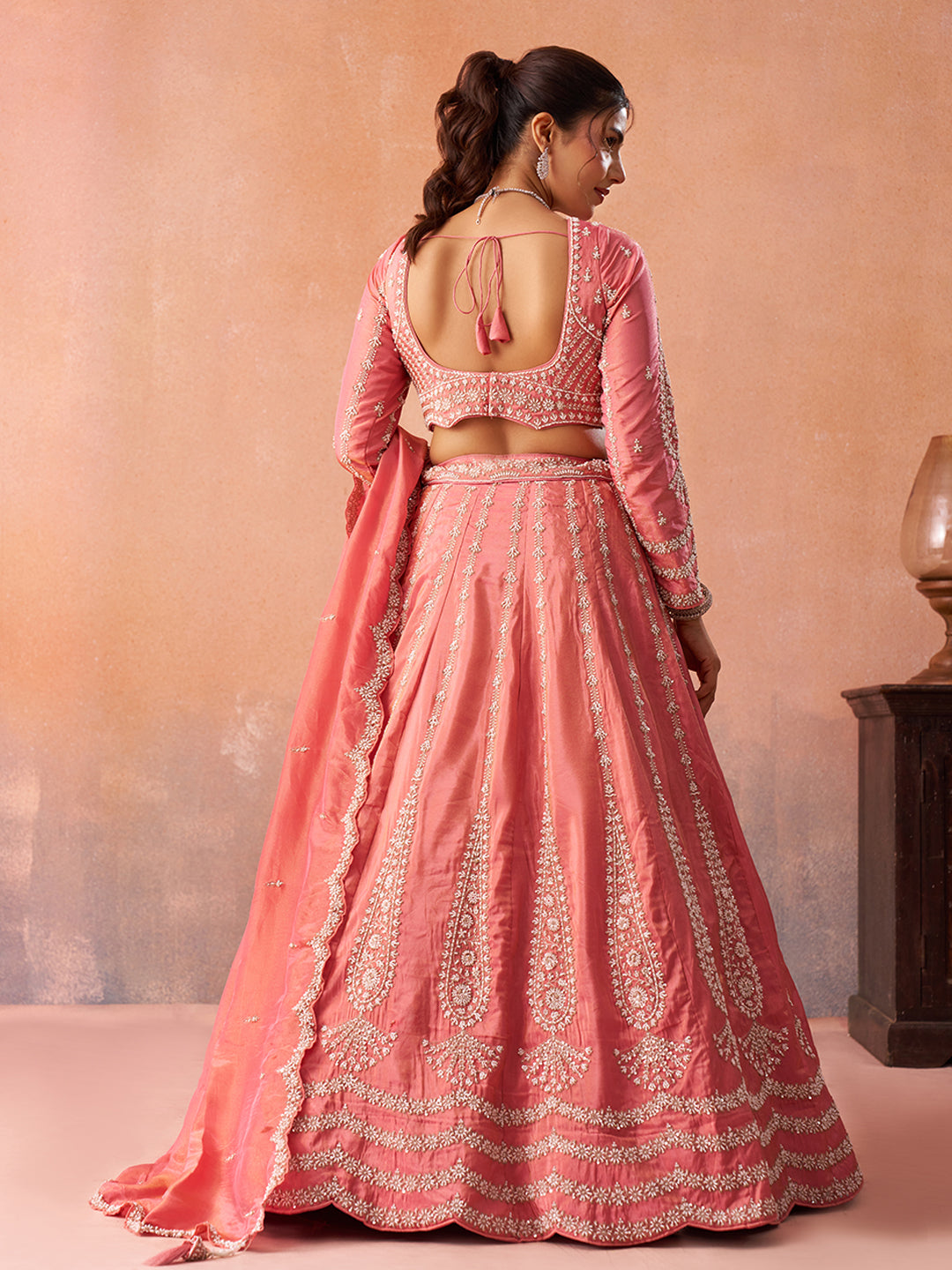 Peach- Tissue Beads & Sequins Embroidered Lehenga 6222