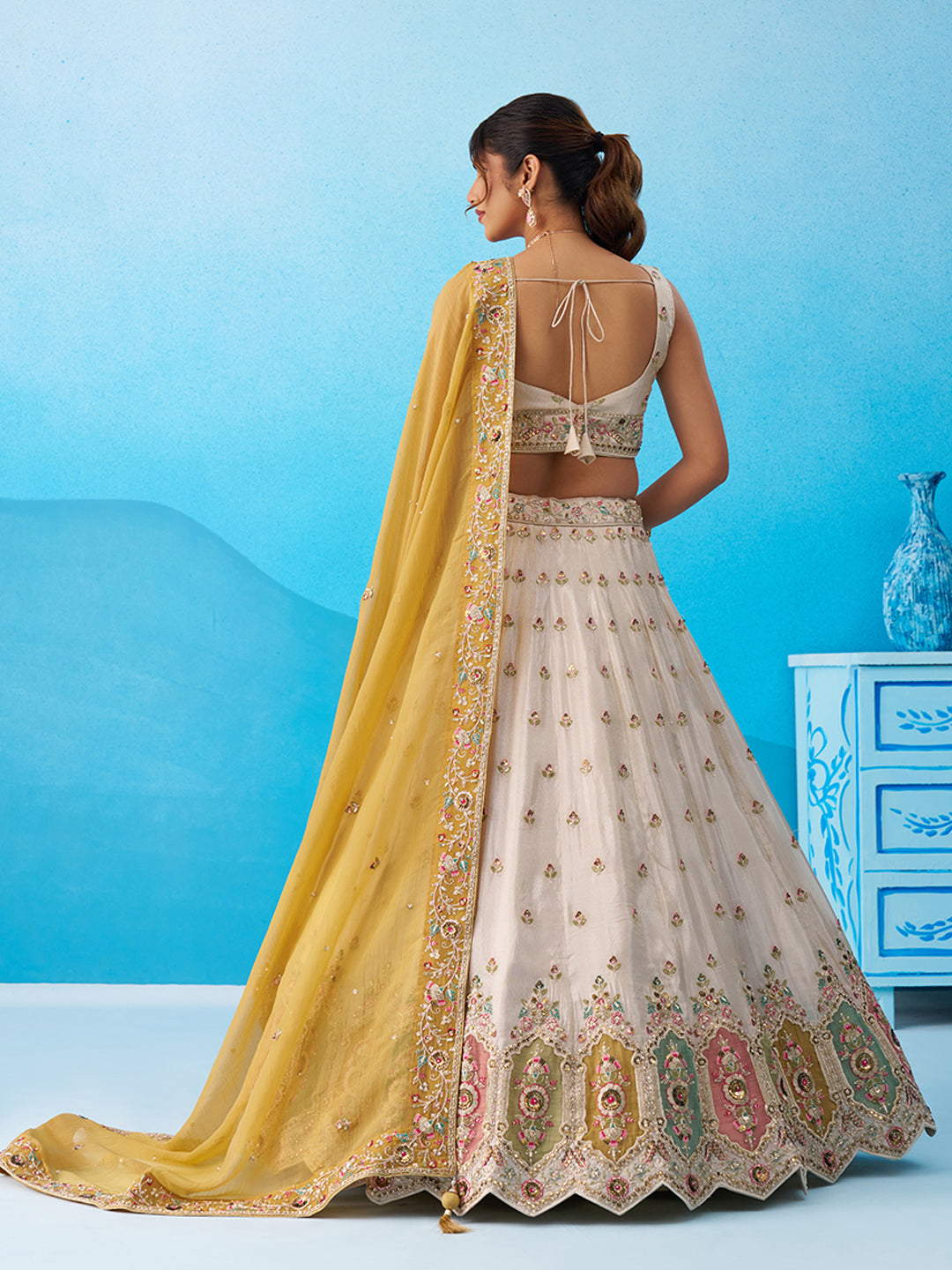 Cream- Tissue Sequins Embroidered Multicolor Patch Work Lehenga 6166