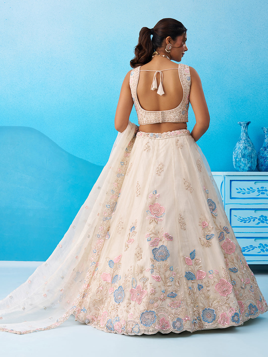 Cream- Tissue Beads & Sequinned Floral Embroidered Lehenga 6241