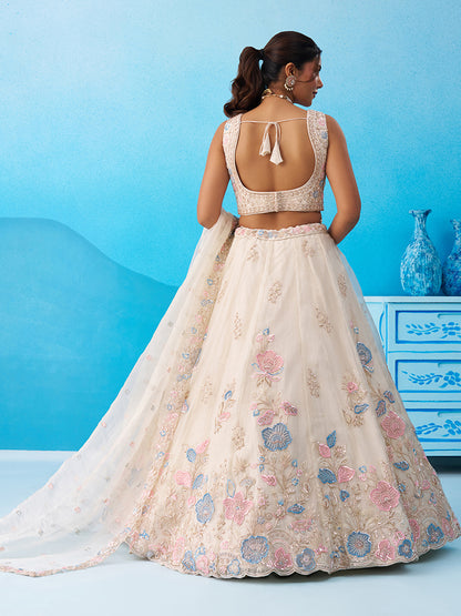 Cream- Tissue Beads & Sequinned Floral Embroidered Lehenga 6241