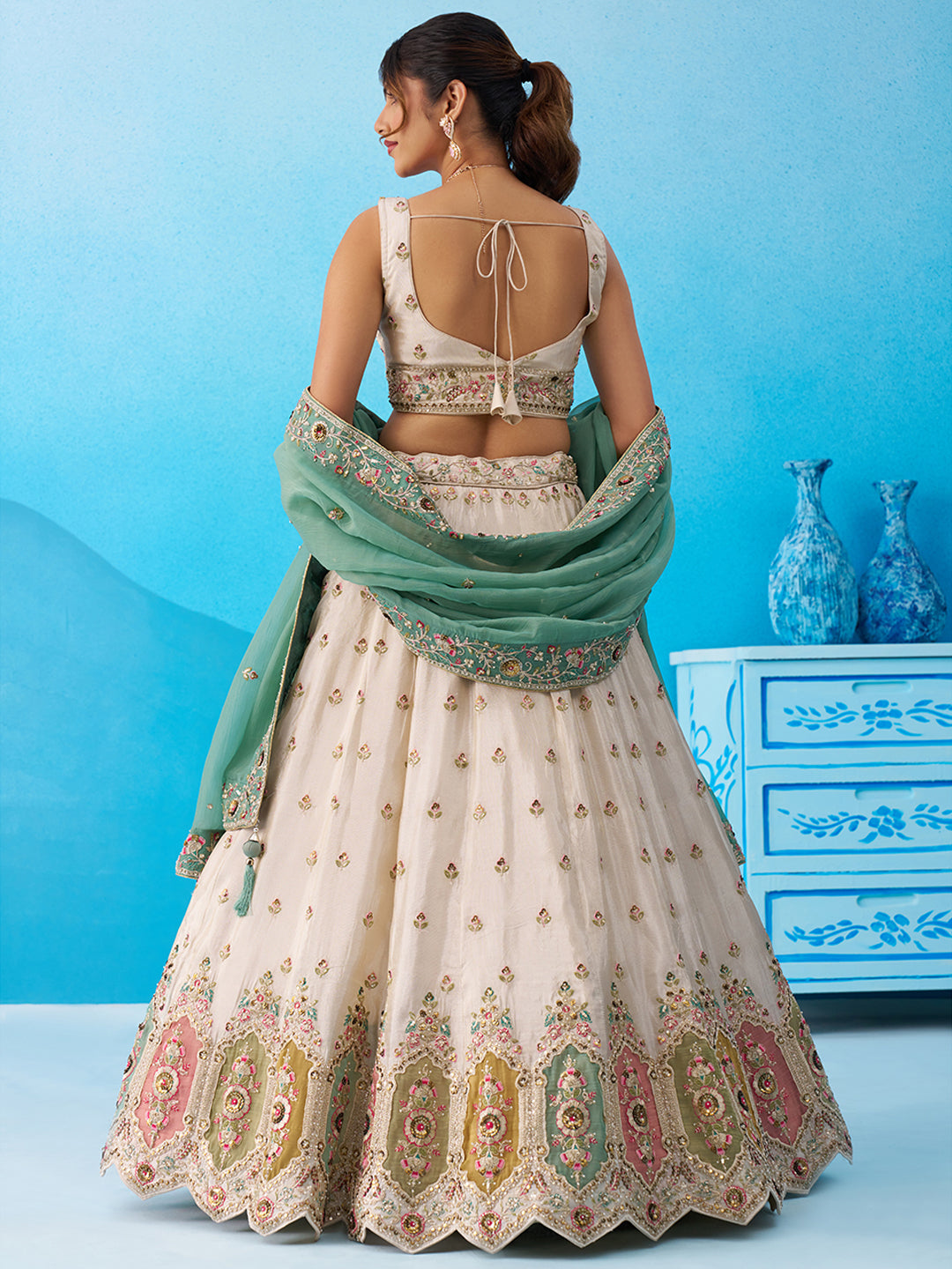Cream green- Tissue Sequins Embroidered Multicolor Patch Work Lehenga 6166